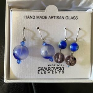 Blue artesian glass with SWAROVSKI elements, handmade earrings, two pairs.